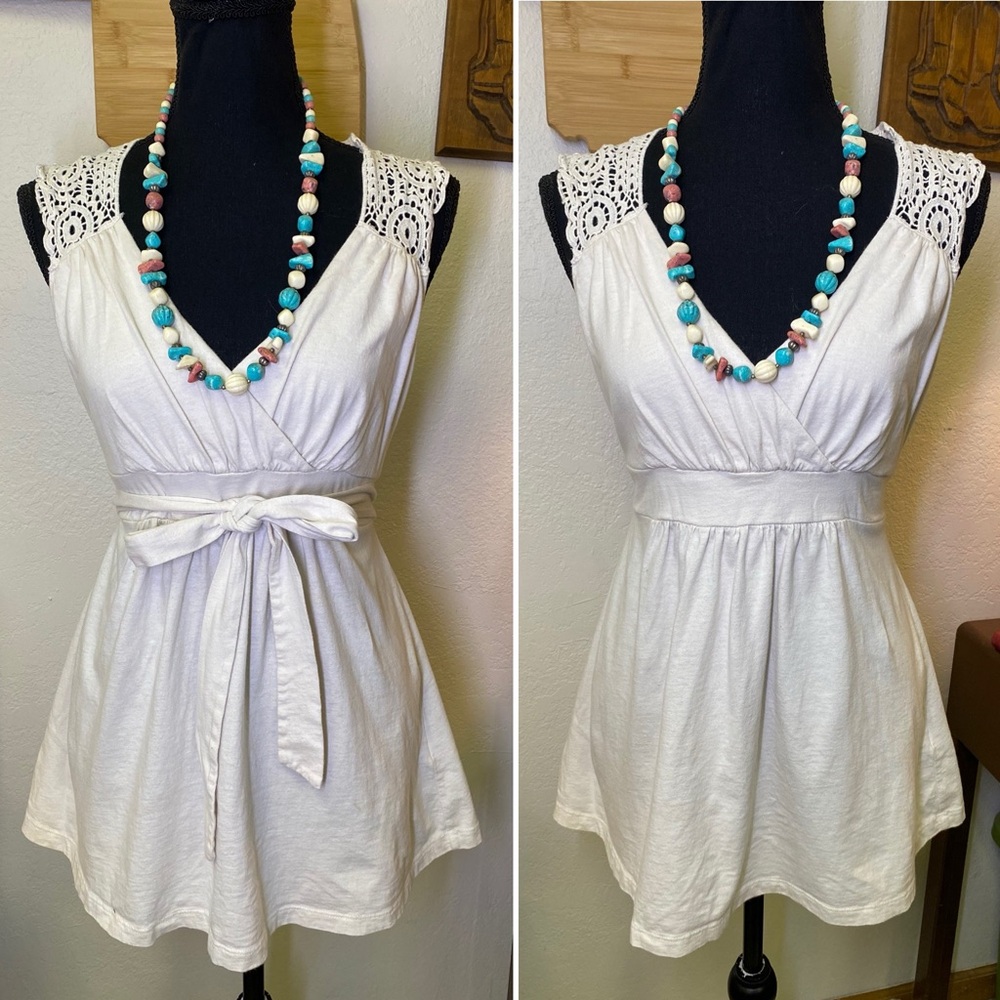 Y2K LEI Babydoll Empire Waist Top XL Cream Beige Crochet Knit Romantic Coquette